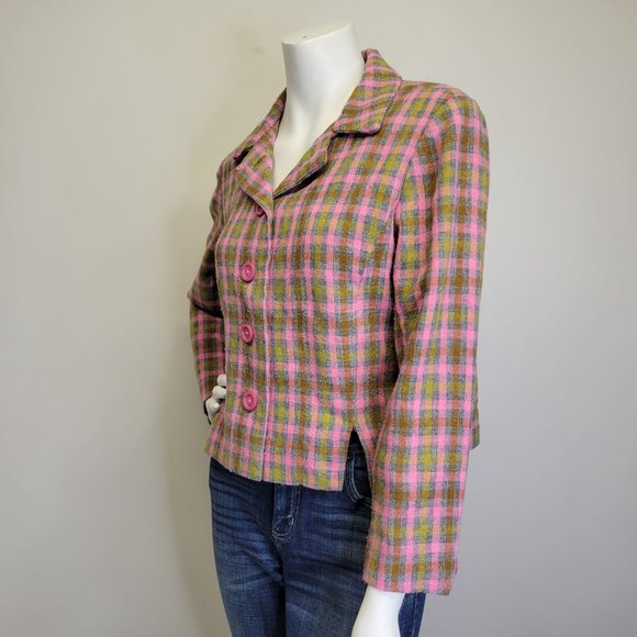 Vtg 60s Handmade Mad Men Pink Plaid Wool Blend Cropped Blazer Jacket Womens M - Picture 5 of 14